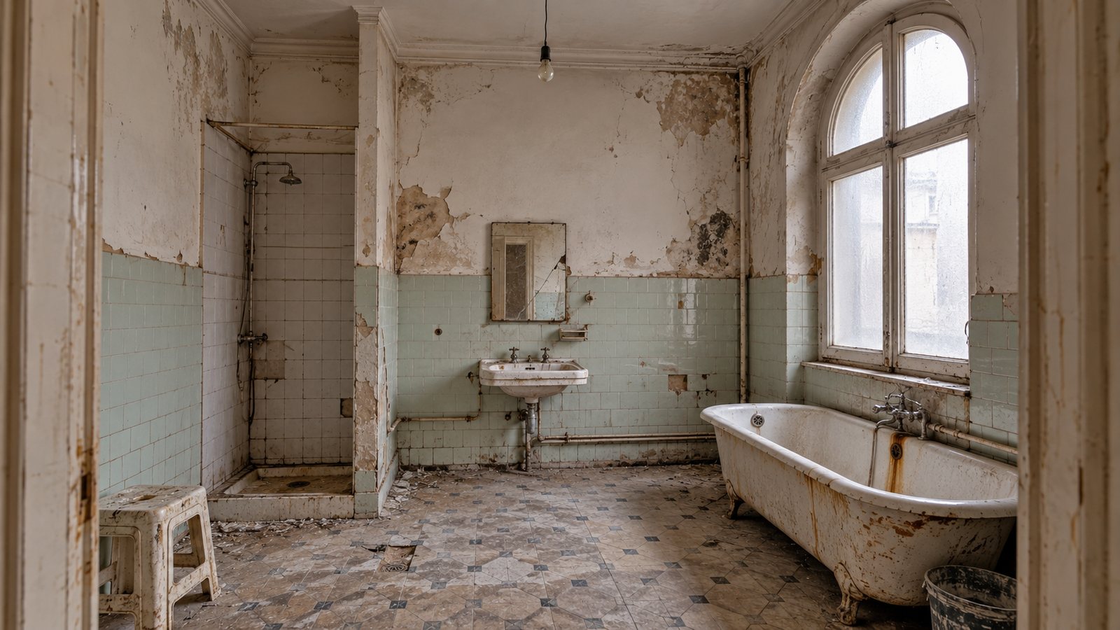 The bathroom before: cracked mint tiles and a rusty cast-iron bathtub