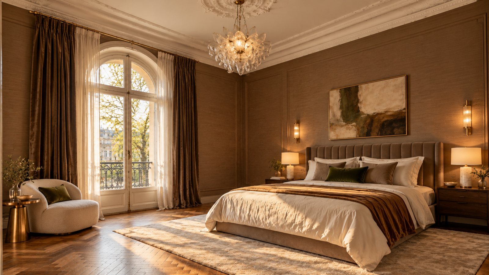The bedroom after: velvet headboard, silk walls, velvet curtains and brass sconces