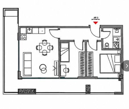 Example plan: 1 bedroom, separate kitchen-living room, bathroom