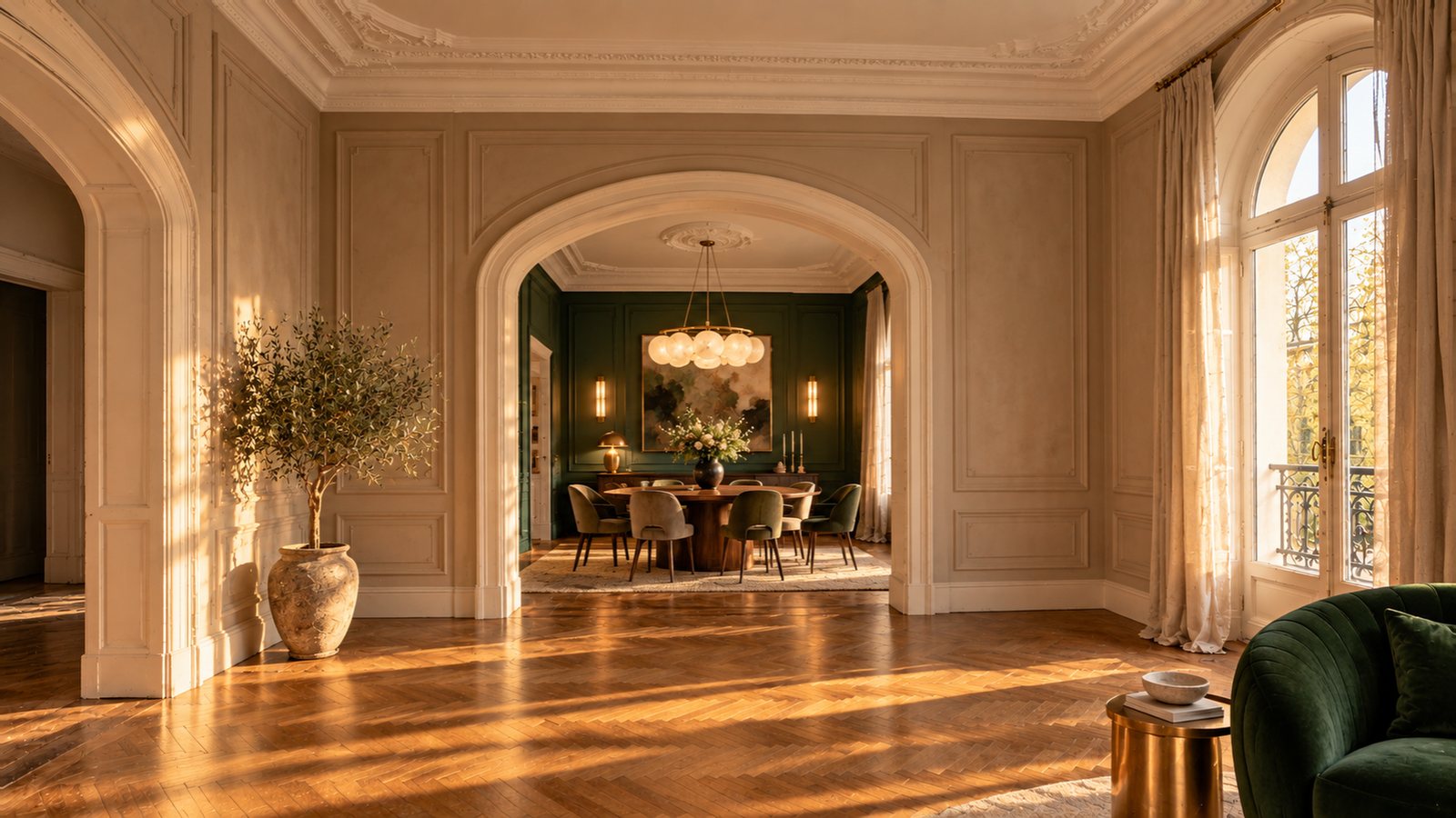 The enfilade after: panelled walls, an olive tree and the emerald dining room through the arch