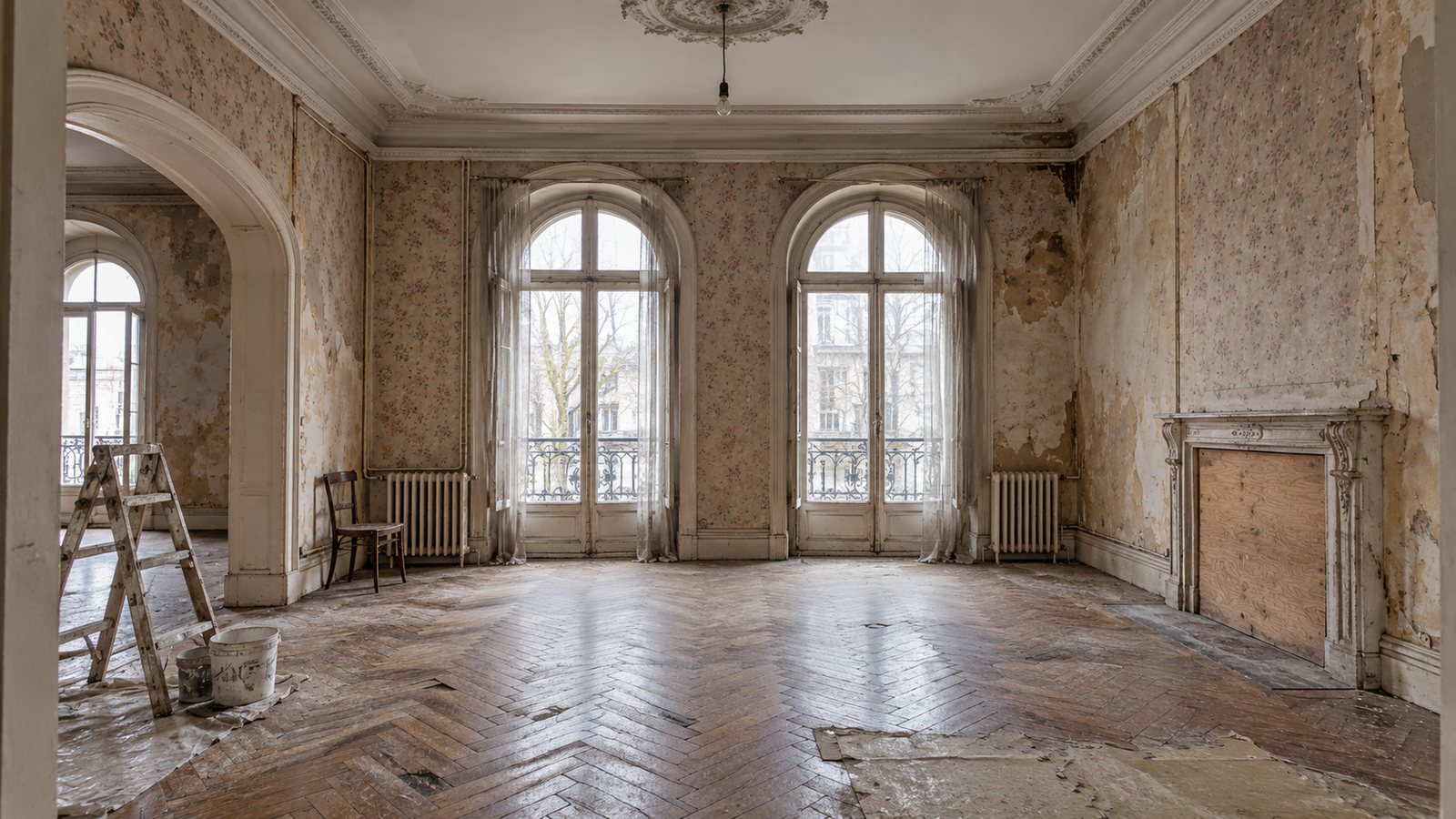 The salon before restoration: torn floral wallpaper, worn parquet, a ladder and a boarded-up fireplace