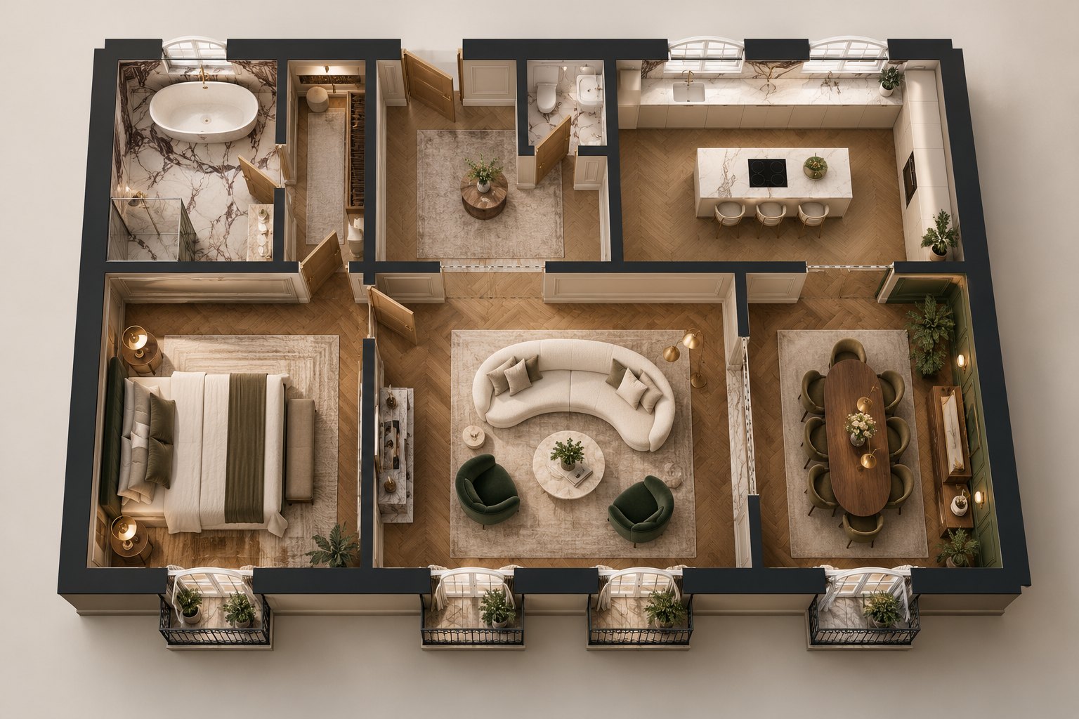 Isometric 3D floor plan of the restored apartment