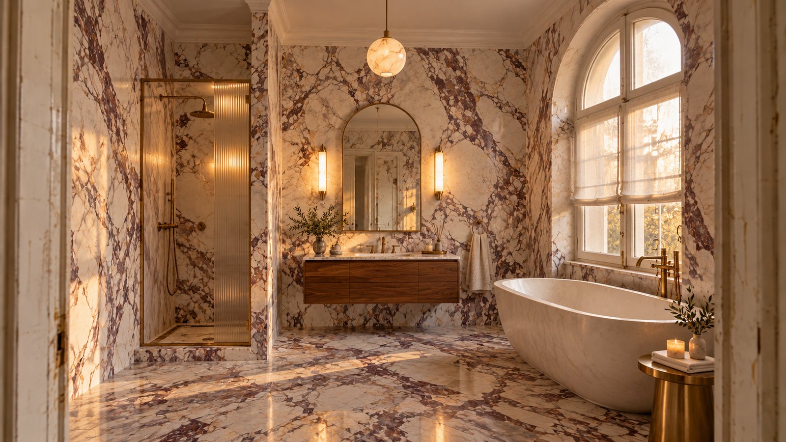 The bathroom after: Calacatta Viola marble, a stone bathtub and a walnut vanity