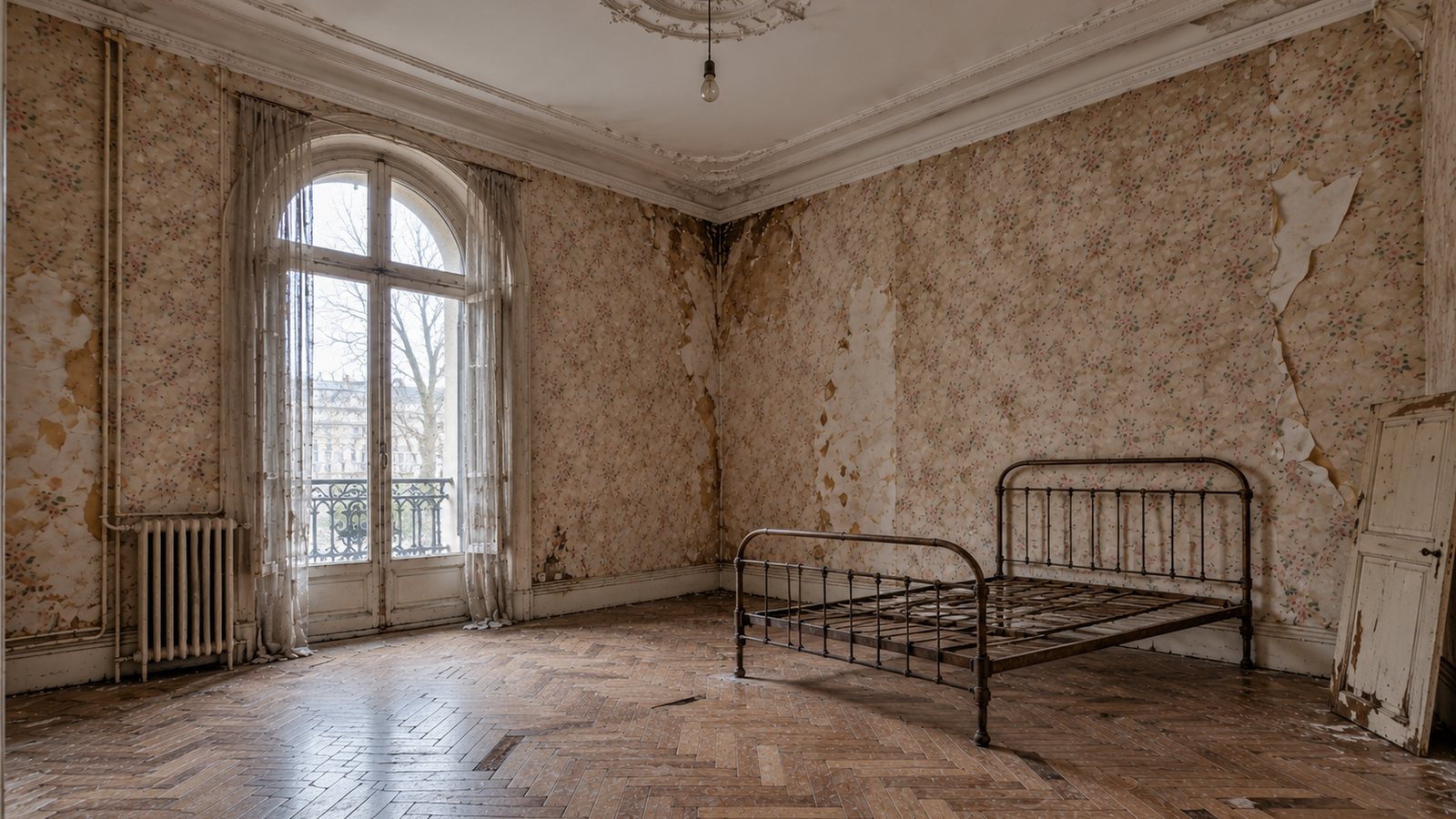 The bedroom before: an old iron bed frame and torn wallpaper