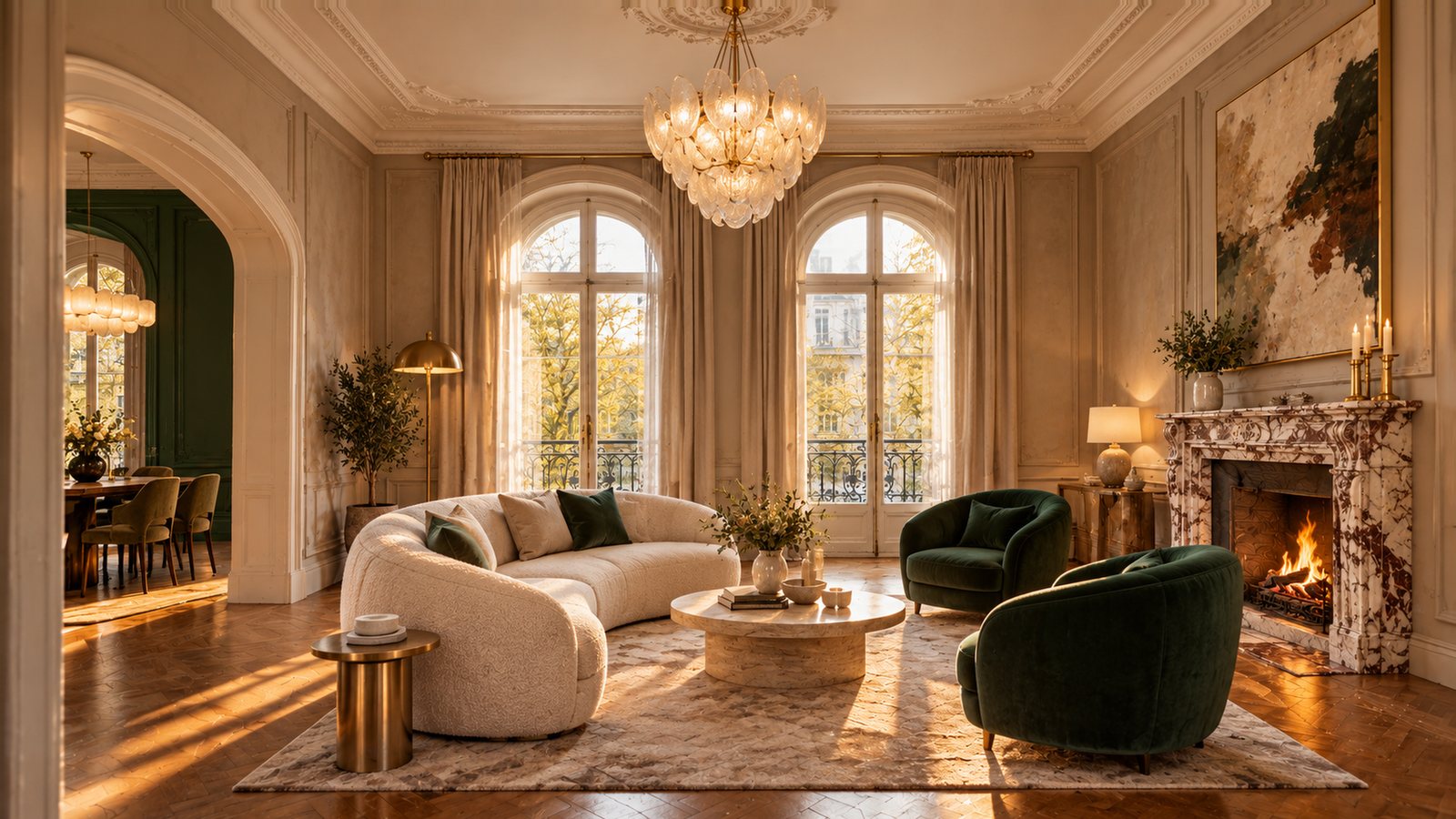 The same salon after restoration with a curved bouclé sofa, emerald velvet armchairs, a marble fireplace and a Murano chandelier