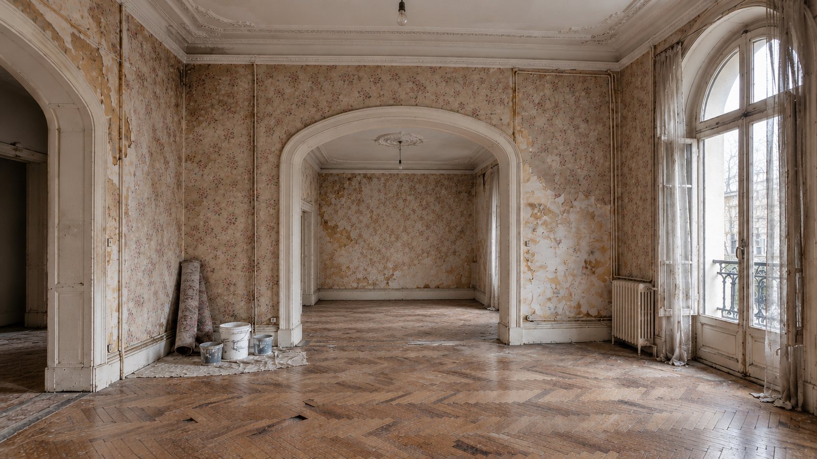 The enfilade before: wallpapered walls and an empty dining room through the arch