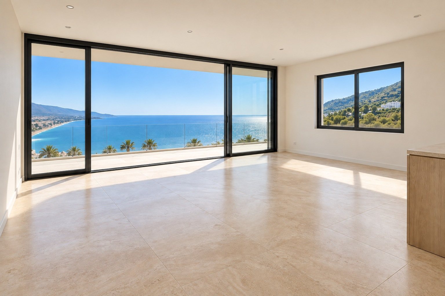 Empty living room facing the sea