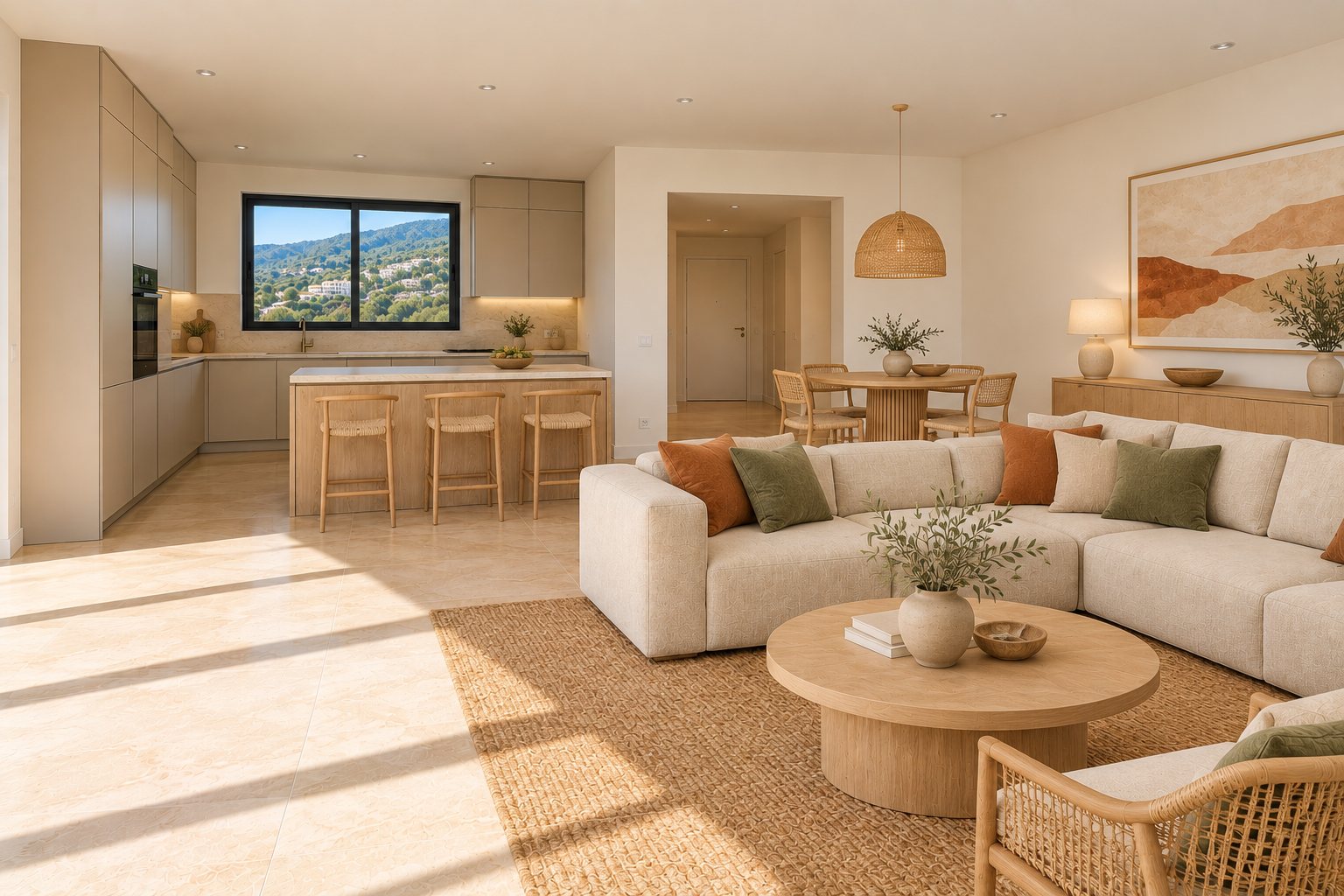 Living room with dining table, island stools and sofa