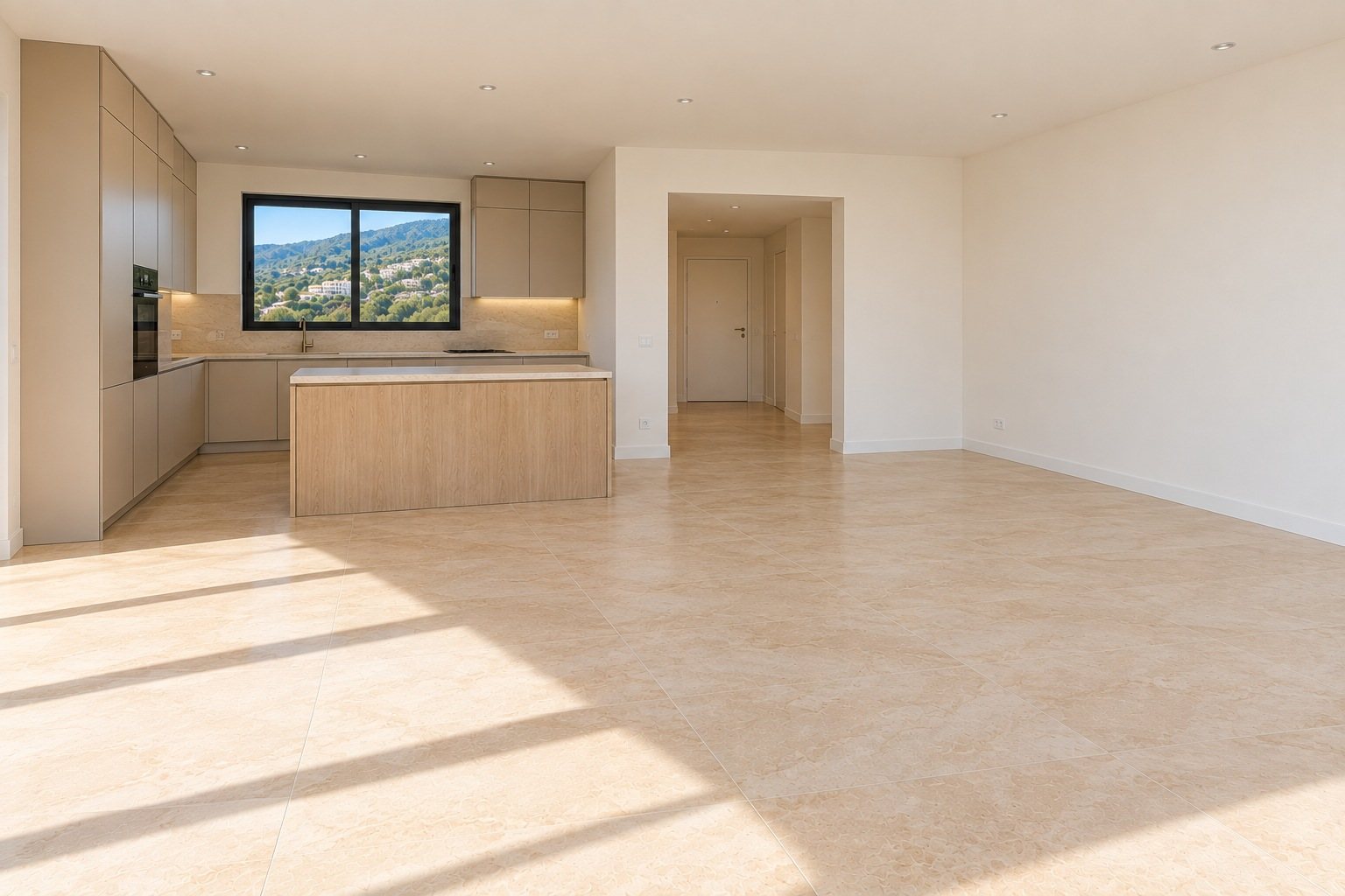 Empty living room facing the kitchen and hall