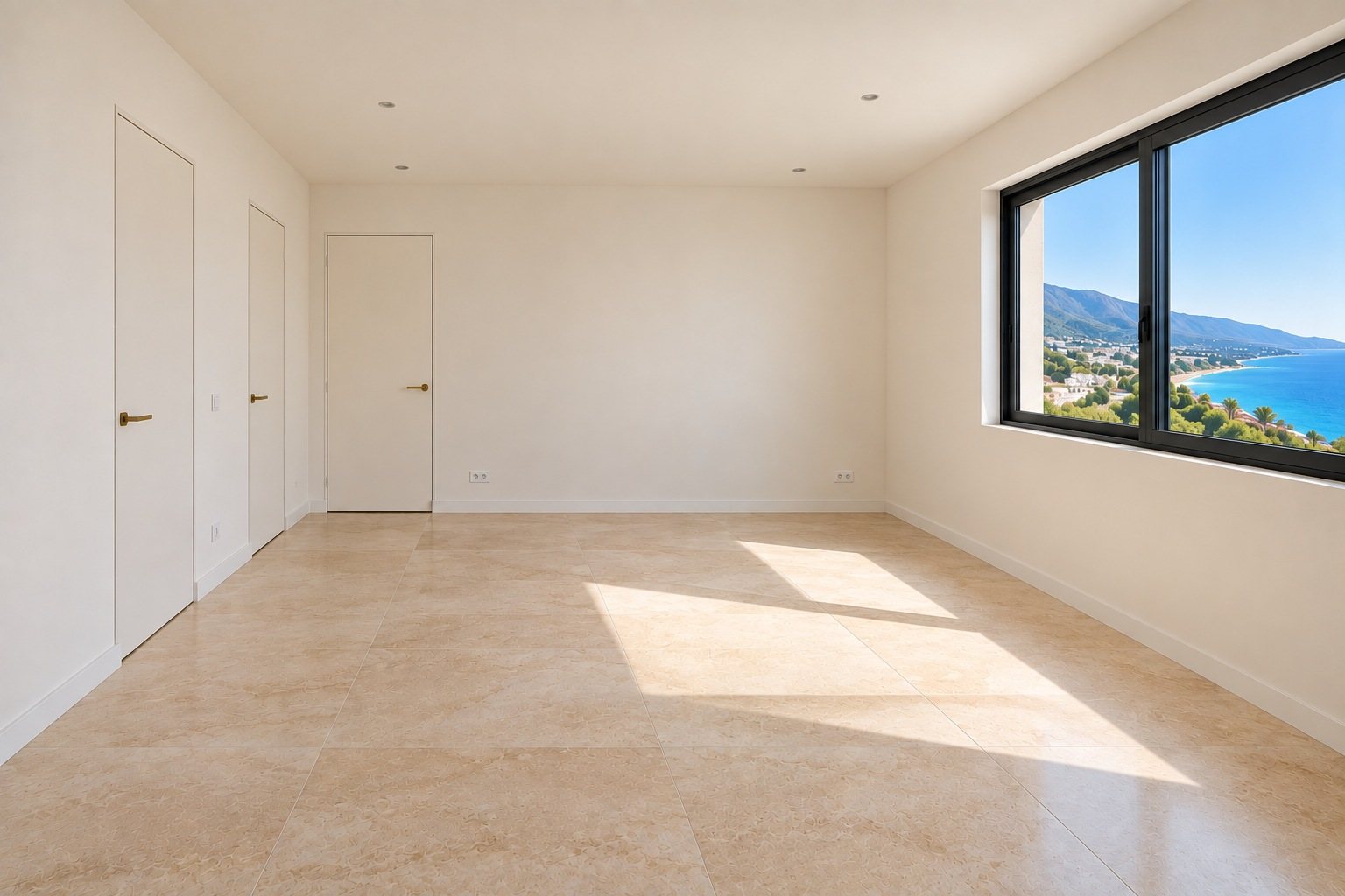 Empty master bedroom with three doors and an east window