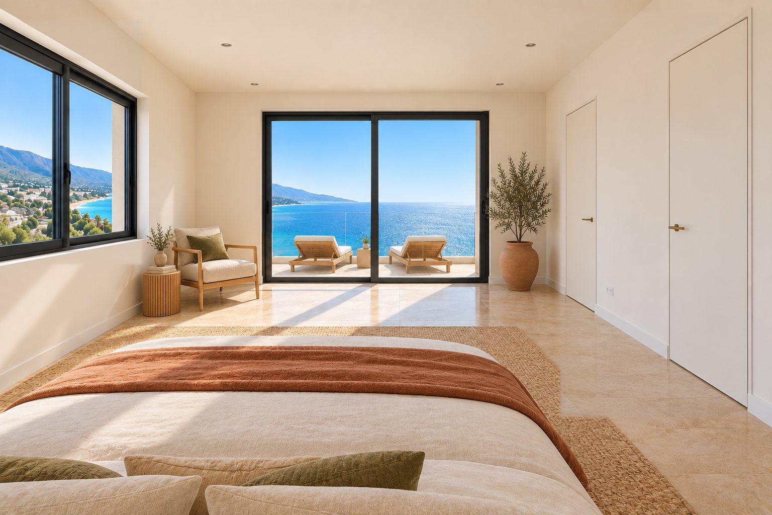 Master bedroom staged in warm Mediterranean style, looking over the bed and terrace to the Adriatic Sea