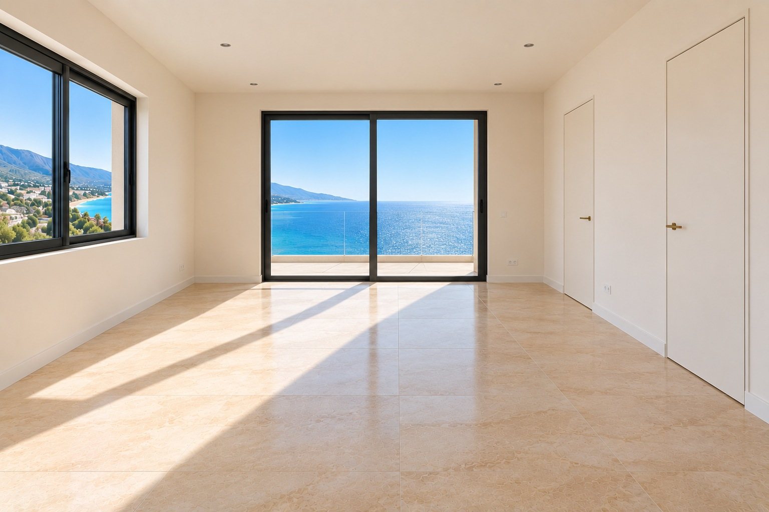 Empty master bedroom facing the sea-side glass door