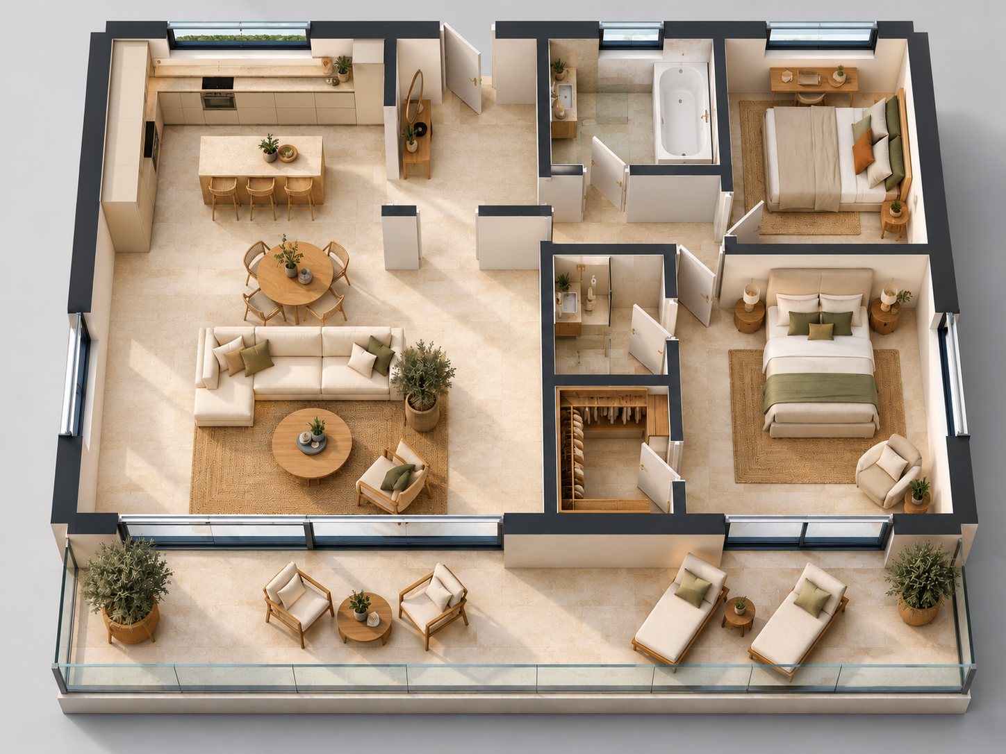 Isometric 3D floor plan with furniture and terrace