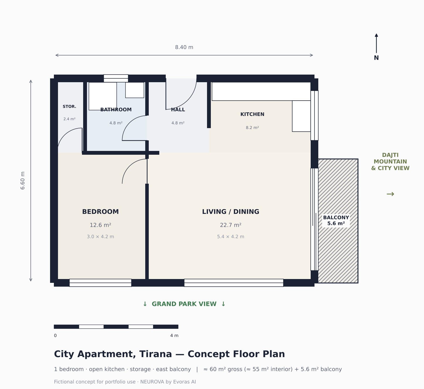 2D floor plan of the one-bedroom apartment with room names and sizes