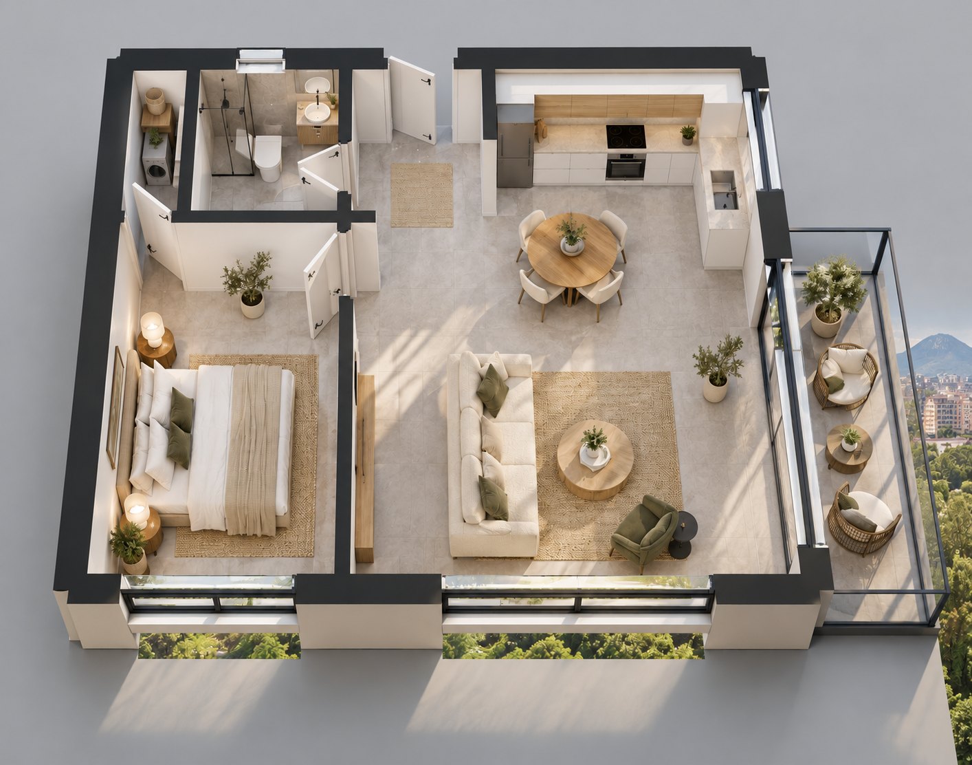 Isometric 3D floor plan with furniture and the east balcony