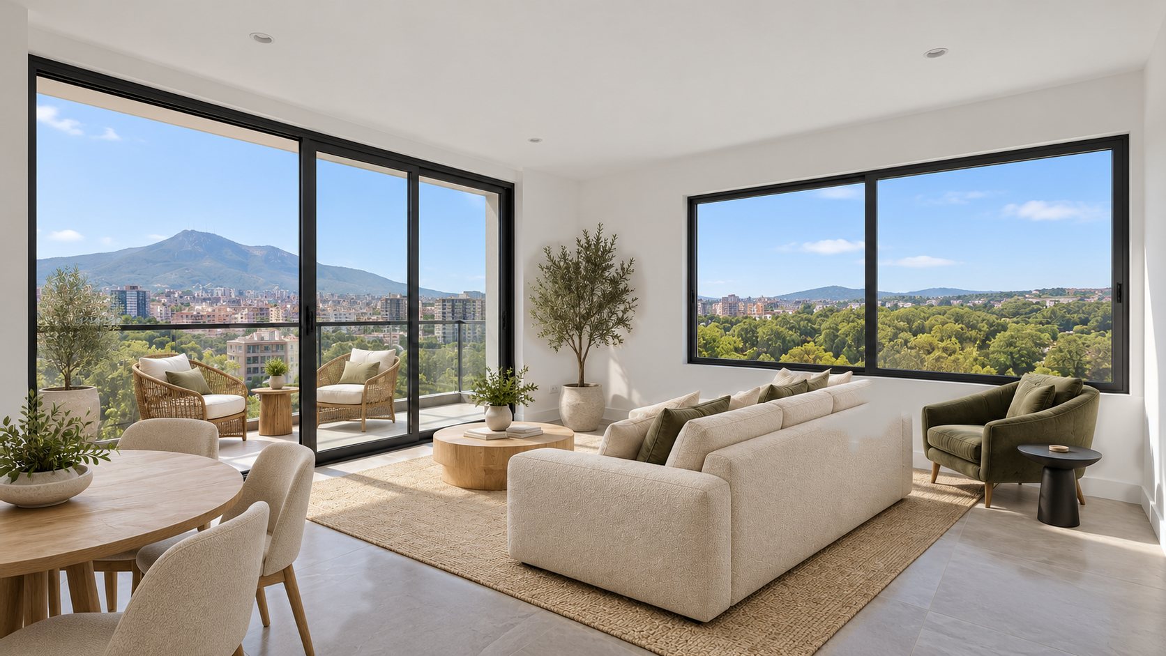 Living room in Urban Japandi style with a boucle sofa facing the balcony door and Mount Dajti