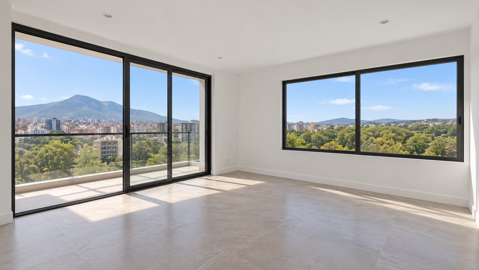 Empty living room facing the balcony door and the park window