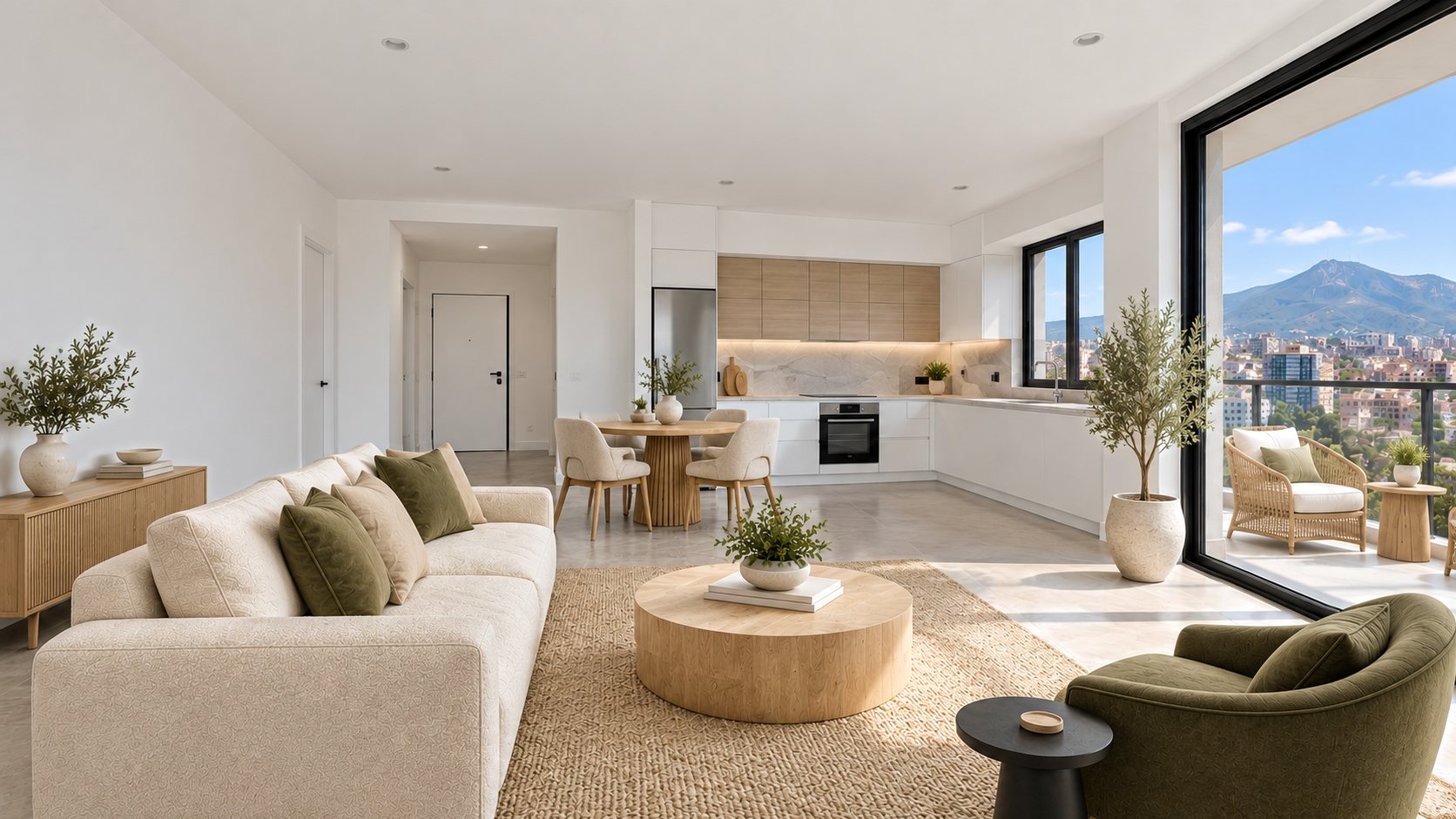 Living room with sofa, round dining table and the kitchen behind