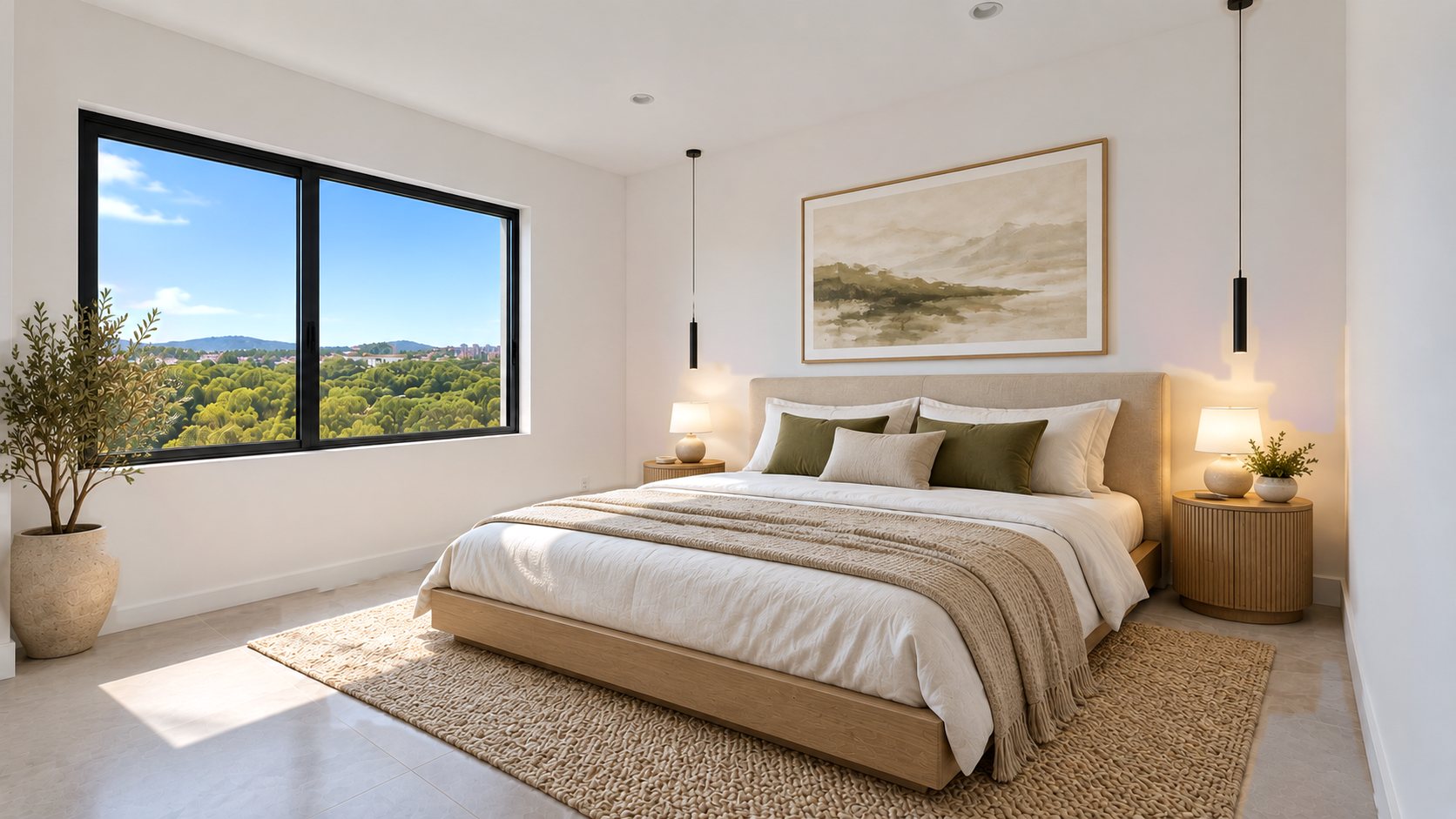 Bedroom with a low oak bed, linen bedding and pendant lights