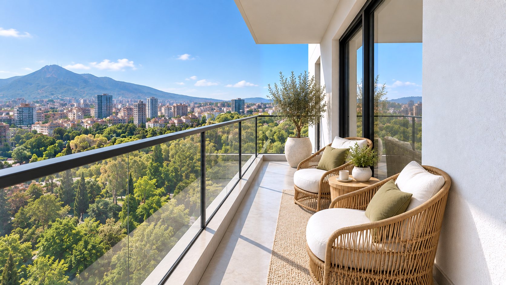 Balcony with two rattan lounge chairs and a small table