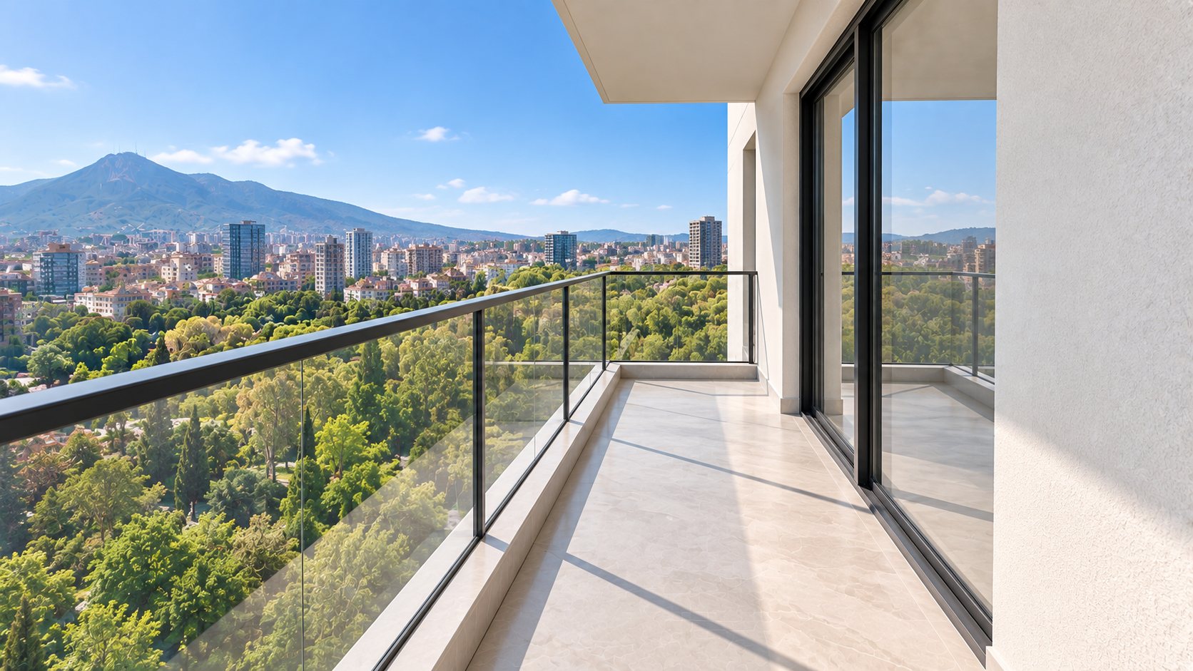 Empty east balcony with glass balustrade and city view